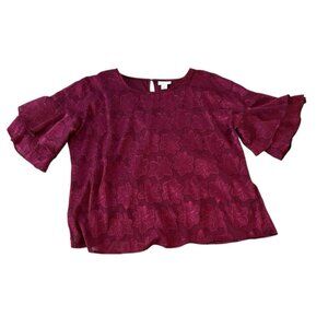 Liz Claiborne Burgundy Passion Floral Lace Bell Sleeve Blouse Shirt Large Purple
